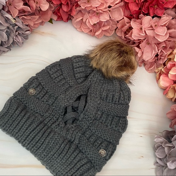 Dark Gray Knit Criss Cross Ponytail Pom Pom Beanie with Mask Buttons - Picture 10 of 15